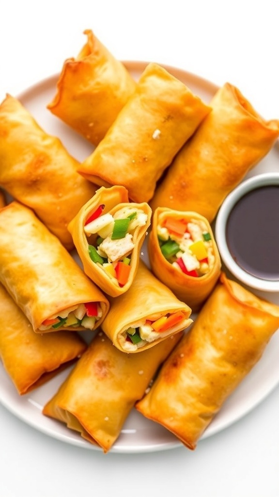Crispy air fryer egg rolls filled with vegetables and protein, served with soy sauce on a white plate.